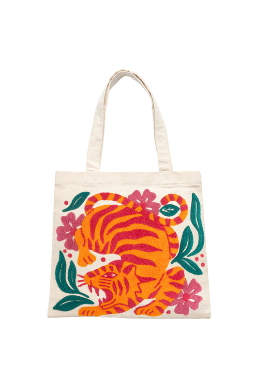 Embroidered Canvas Tote Tiger