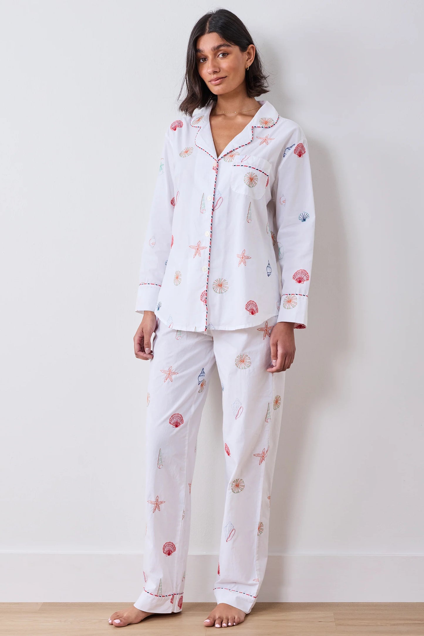 Embroidered Shells Long PJ Set