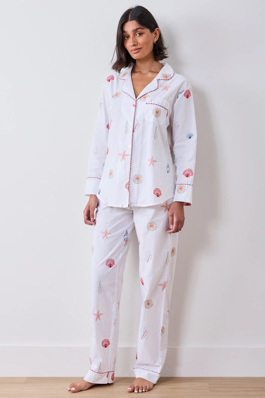 Embroidered Shells Long PJ Set