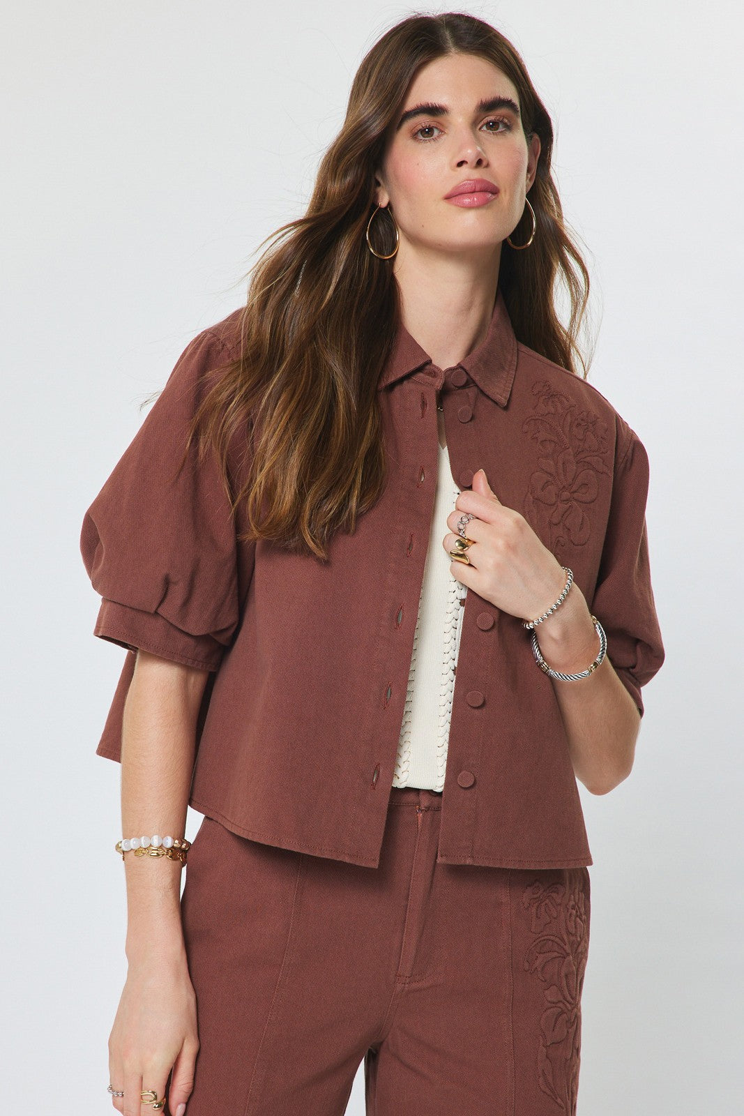 Embroidered Short Sleeve Cropped Jacket