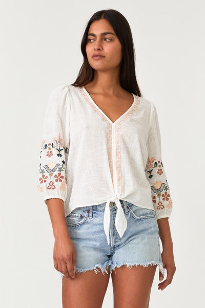 Embroidered Tie Front Blouse