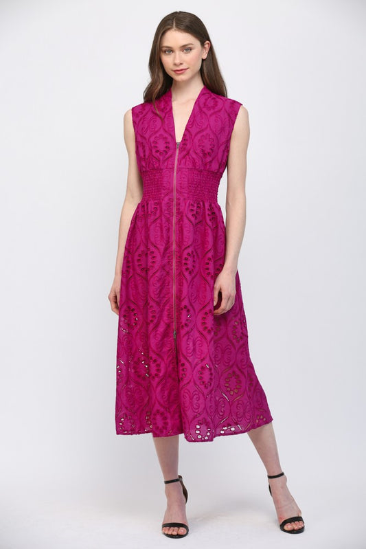 Front Zip Eyelet Lace Midi Dress