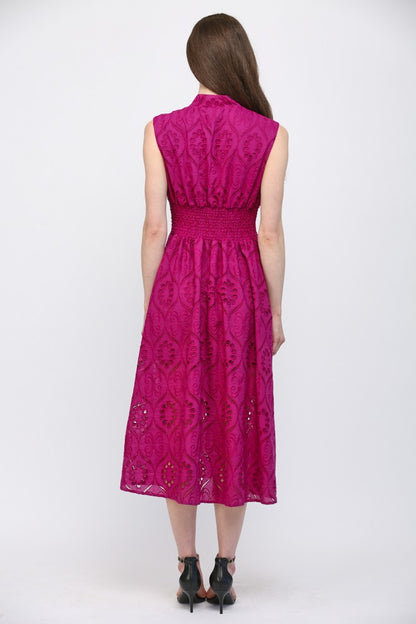 Front Zip Eyelet Lace Midi Dress