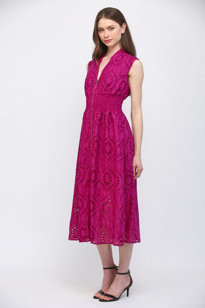 Front Zip Eyelet Lace Midi Dress