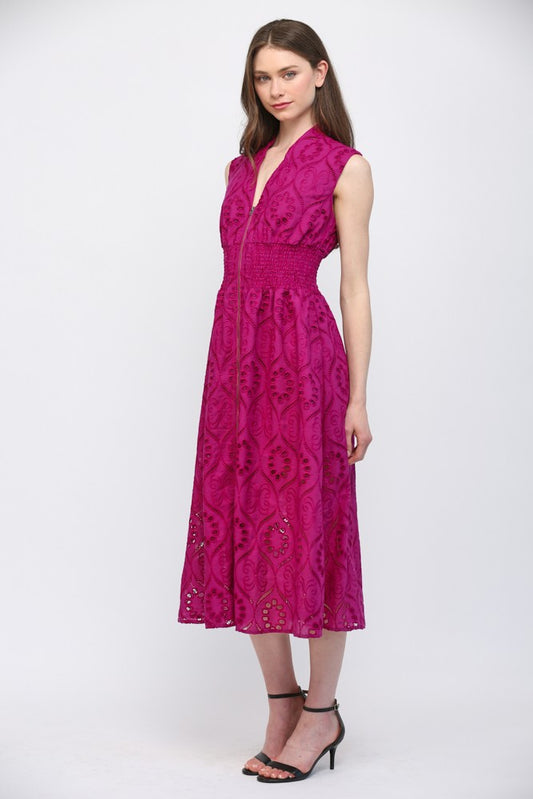 Front Zip Eyelet Lace Midi Dress