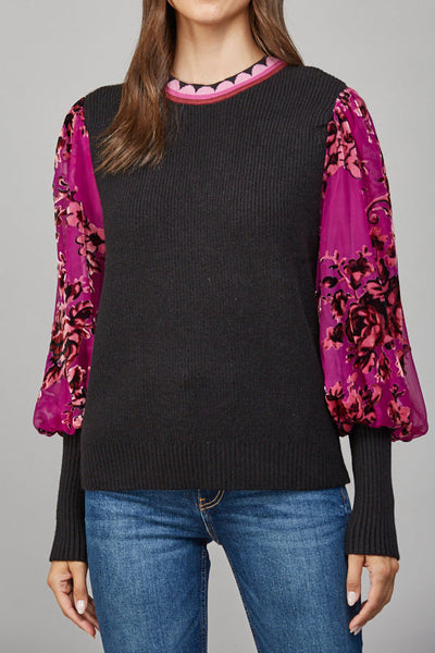 Contrast Floral Burnout Velvet Sleeve Sweater