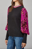 Contrast Floral Burnout Velvet Sleeve Sweater