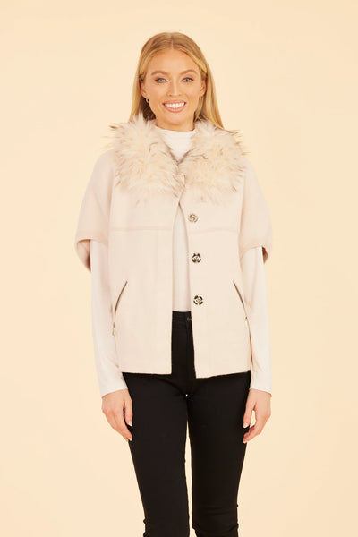 Faux Fur Collar Short Sleeve Cardigan Creme