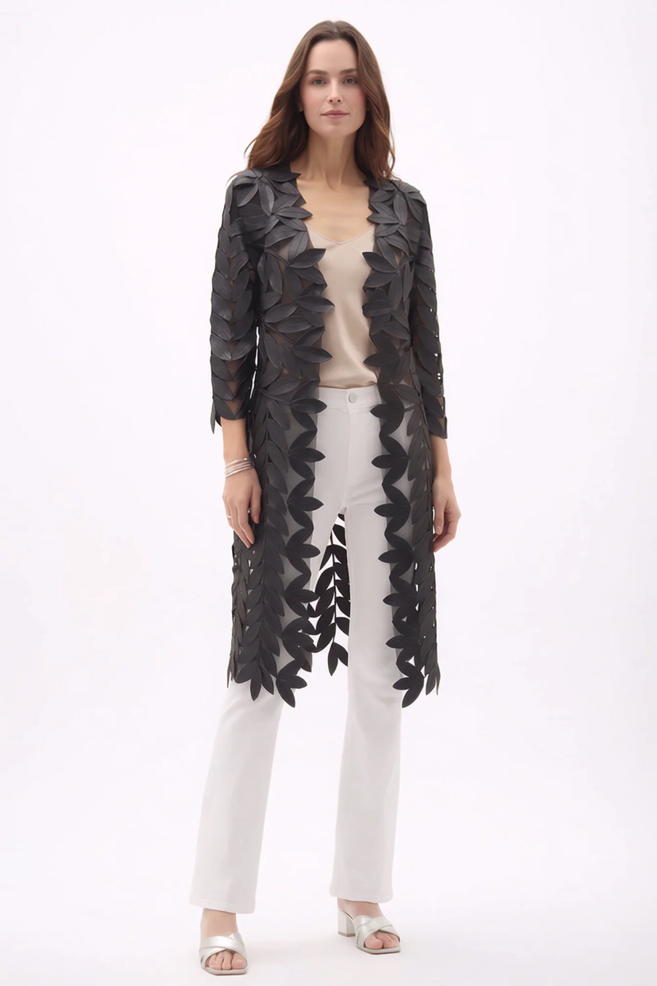 Faux Leather Leaves Long Jacket