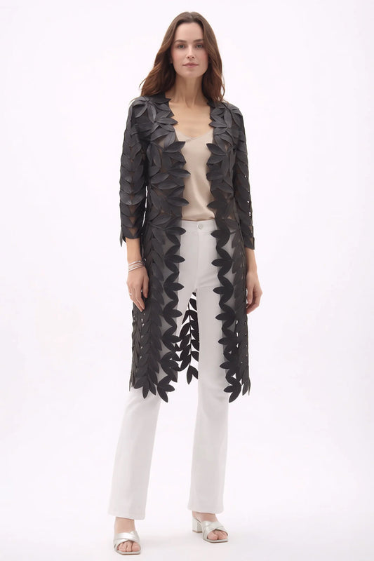 Faux Leather Leaves Long Jacket