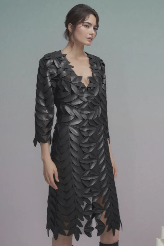 Faux Leather Leaves Long Jacket