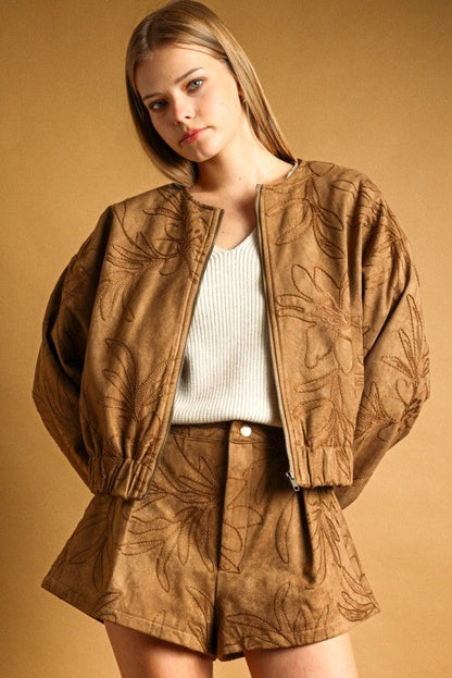 Faux Suede Embroidered Floral Jacket