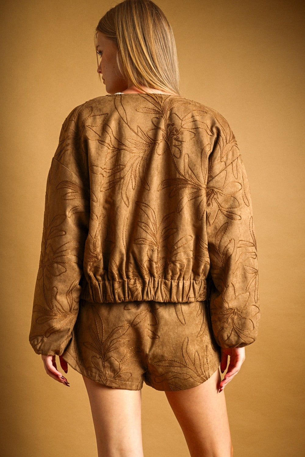 Faux Suede Embroidered Floral Jacket