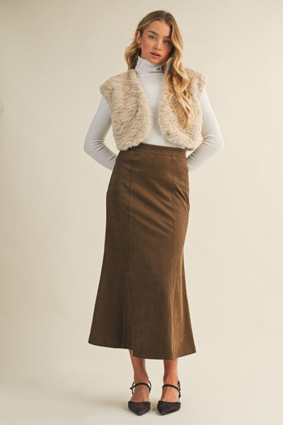 Faux Suede Fluted Midi Skirt