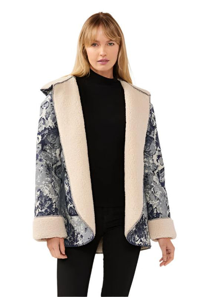 Floral Denim Sherpa Hooded Jacket