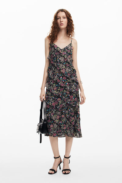 Floral Lurex Ruffled Midi Dress