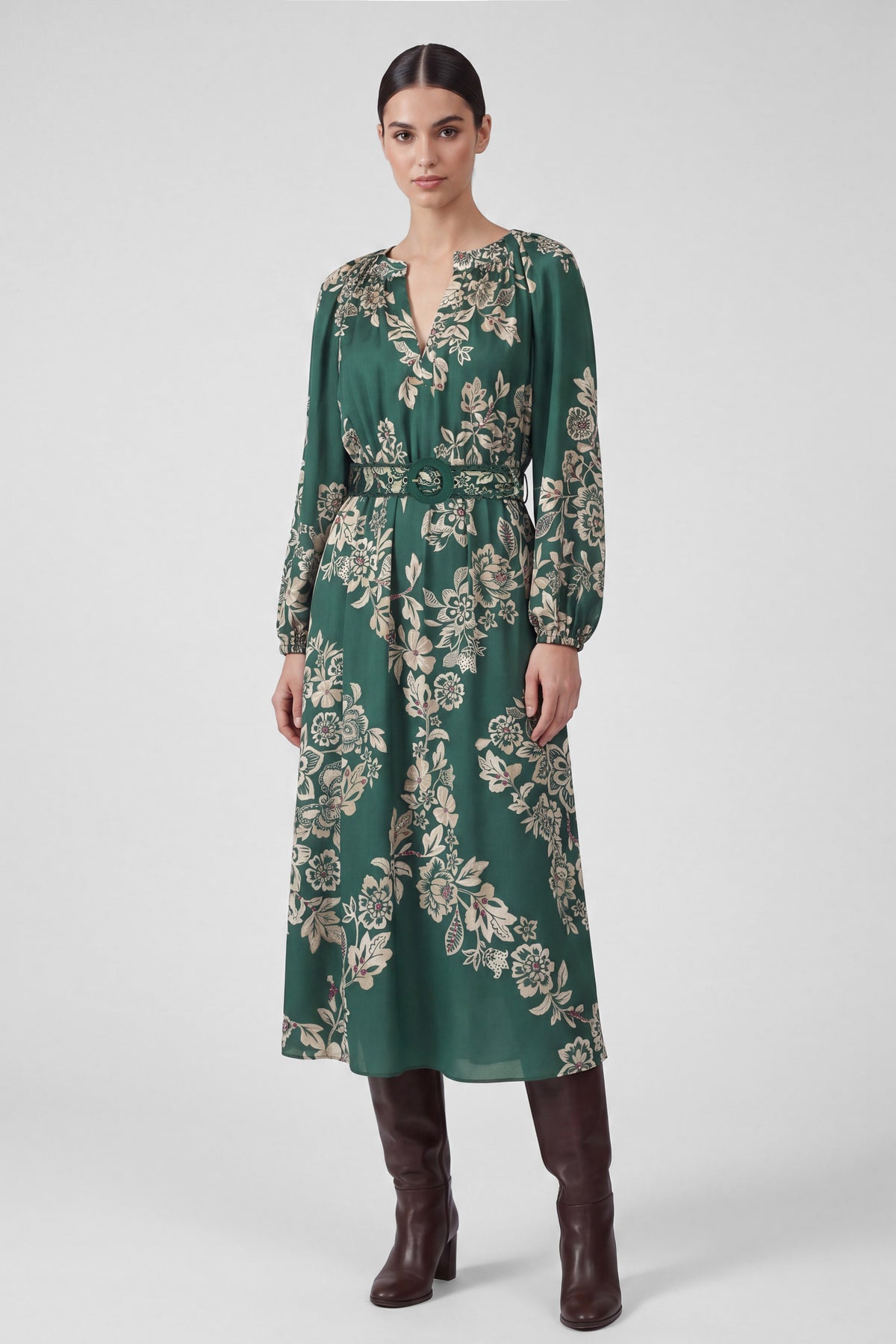 Floral Printed Belted Midi Dress