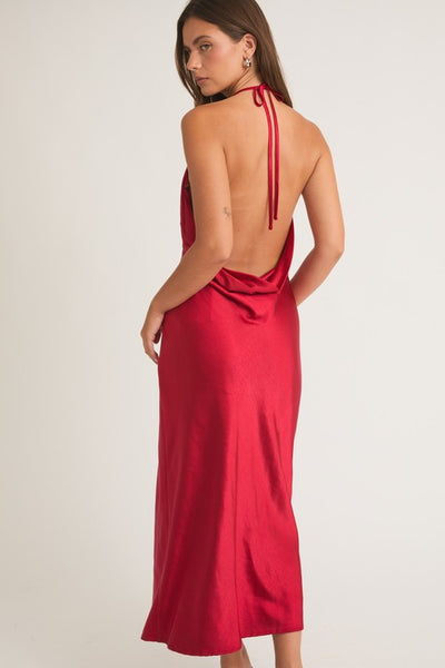 Halter Cowl Neck Satin Dress