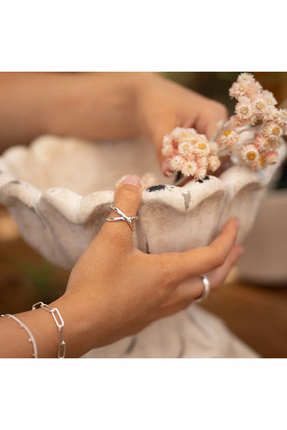 Hammered Crossover Cuff Ring Silver