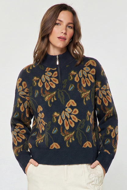 Jacquard Half Zip Sweater Dark Denim