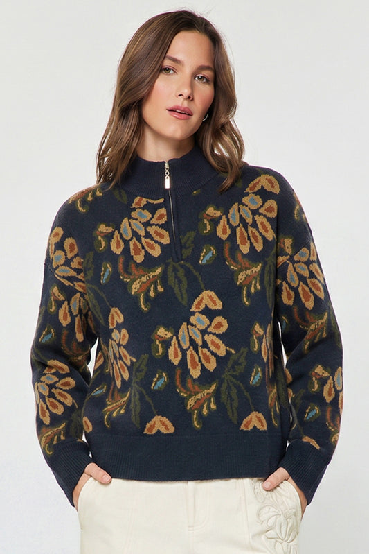 Jacquard Half Zip Sweater Dark Denim