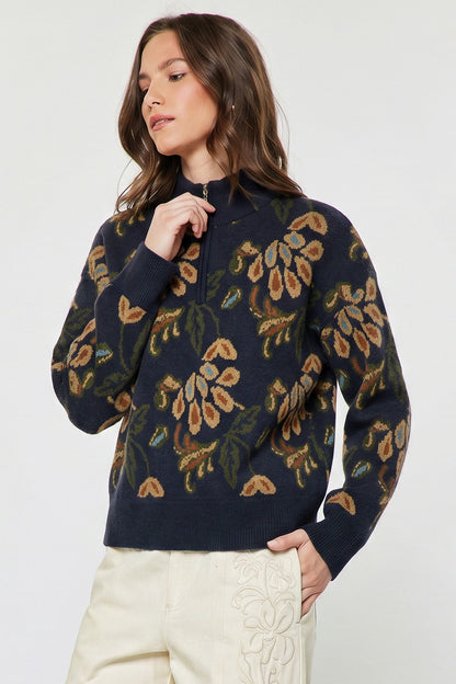 Jacquard Half Zip Sweater Dark Denim