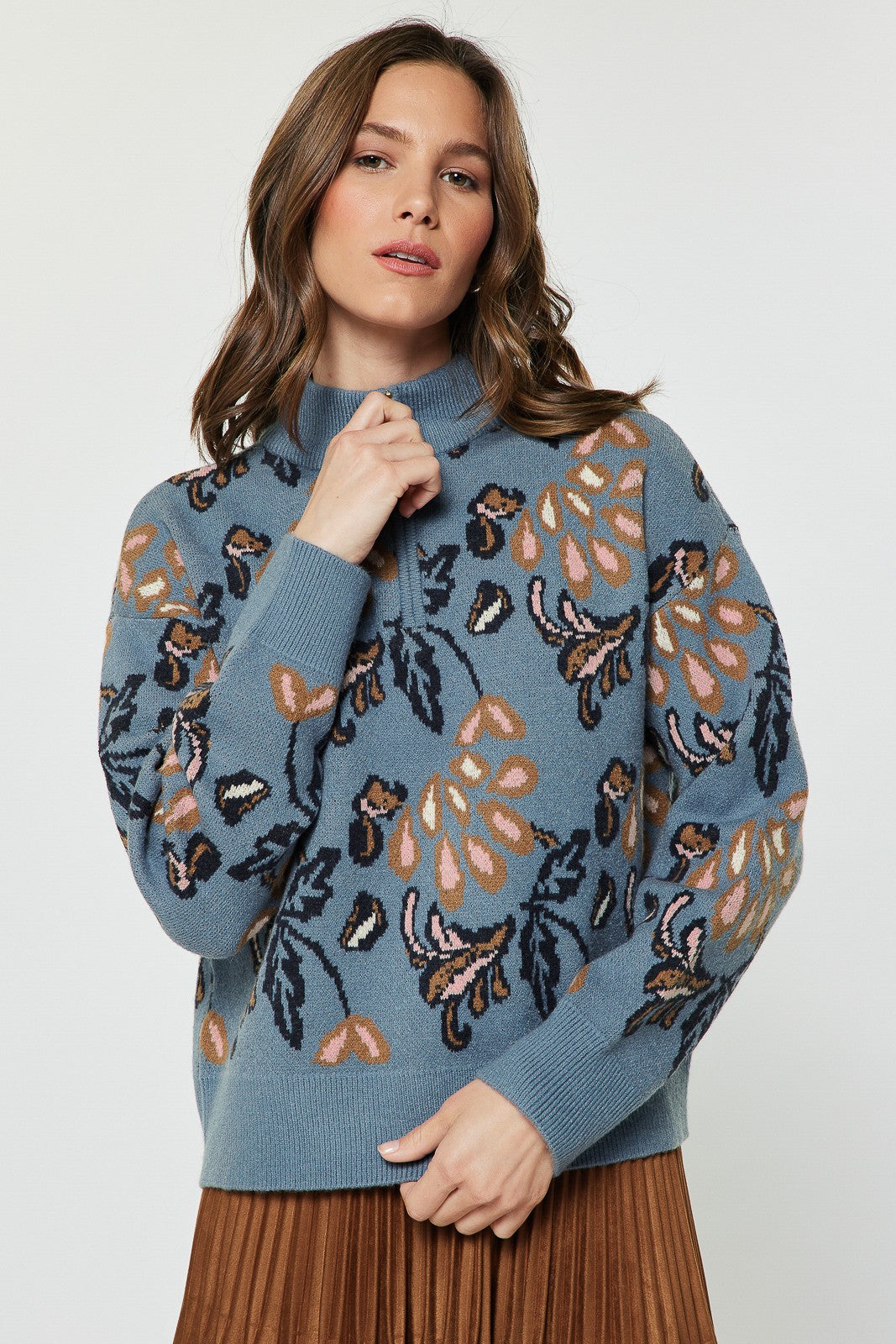 Jacquard Half Zip Sweater Dusty Blue