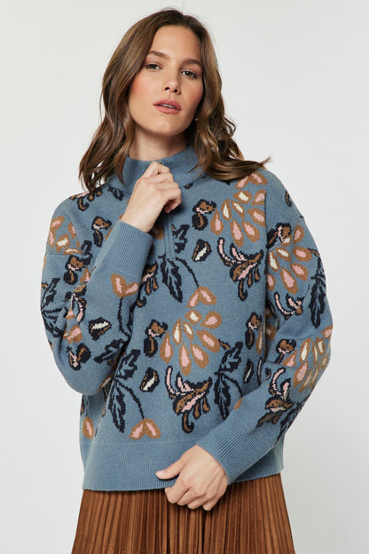 Jacquard Half Zip Sweater Dusty Blue