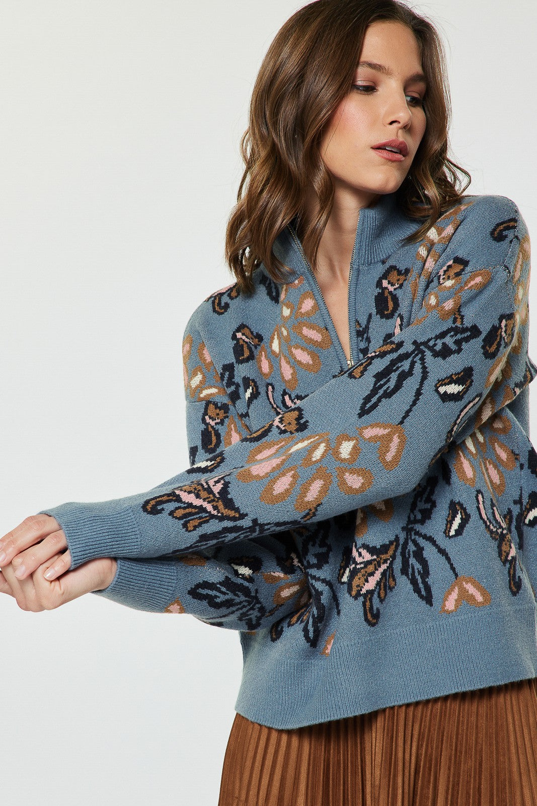 Jacquard Half Zip Sweater Dusty Blue
