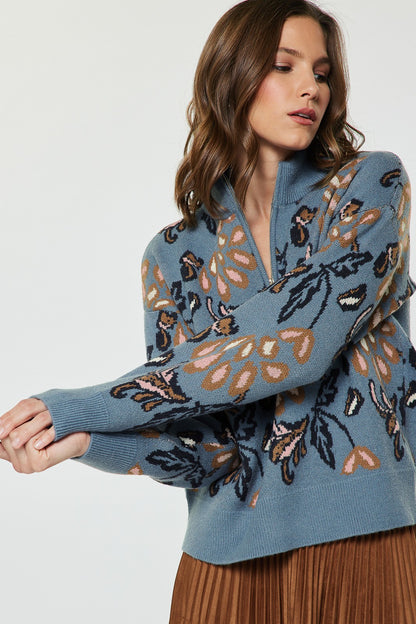 Jacquard Half Zip Sweater Dusty Blue