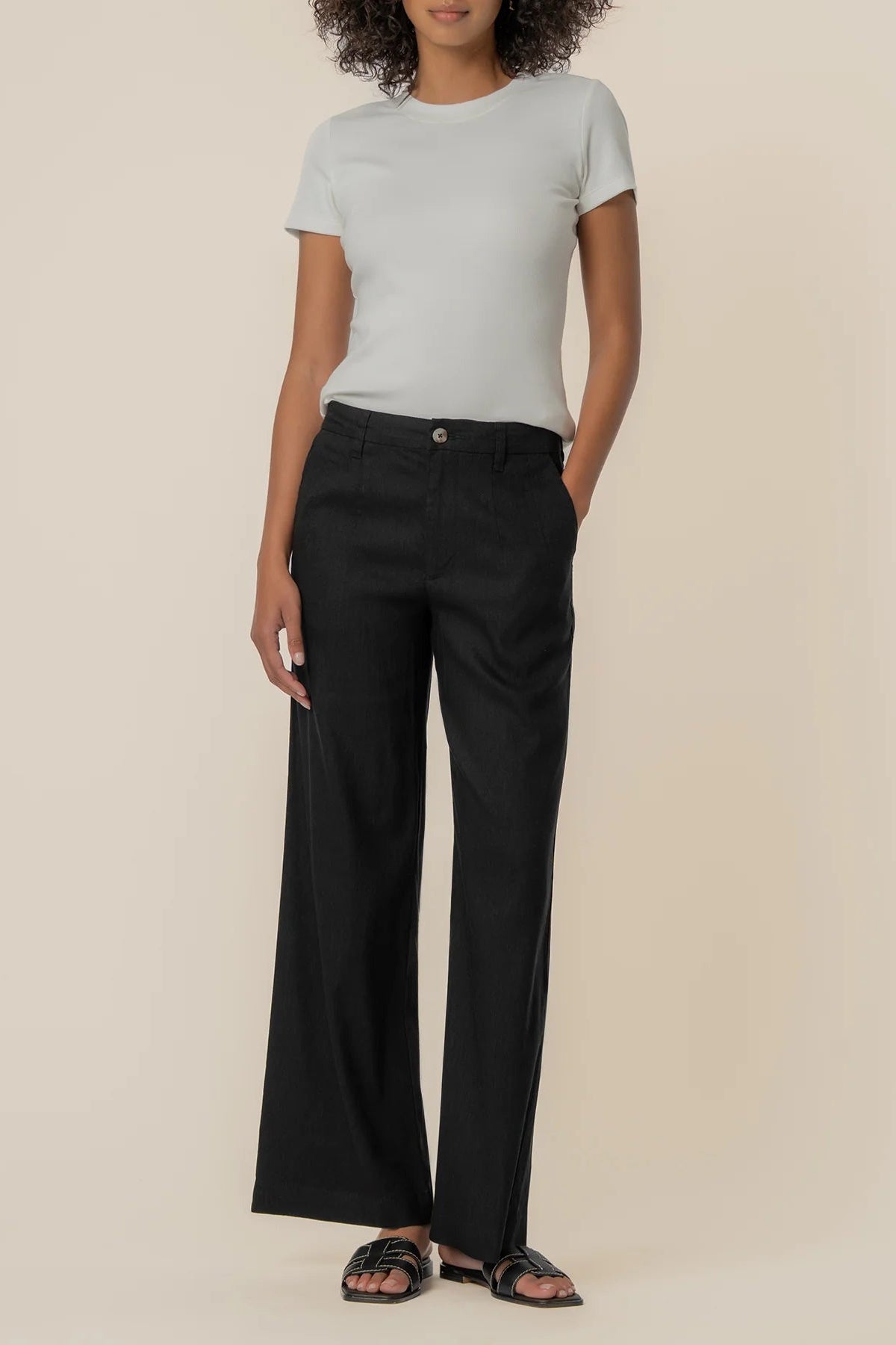 Meg Straight Leg Linen Blend Pants Black