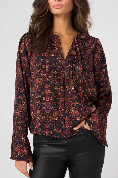 Band Collar Woven Top with Pintuck