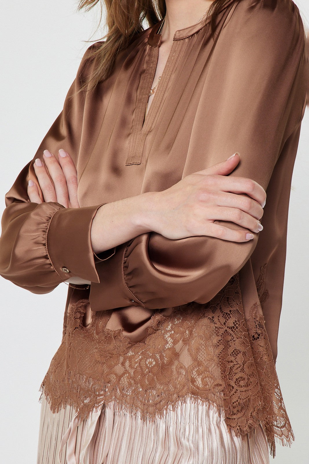 Lace Hem Satin Blouse