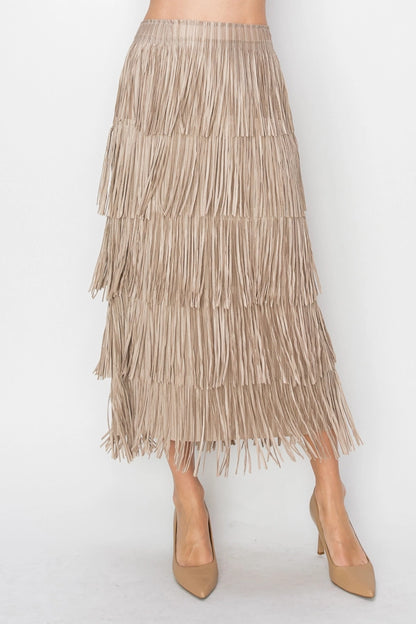 Layered Fringe Tiered Skirt Taupe