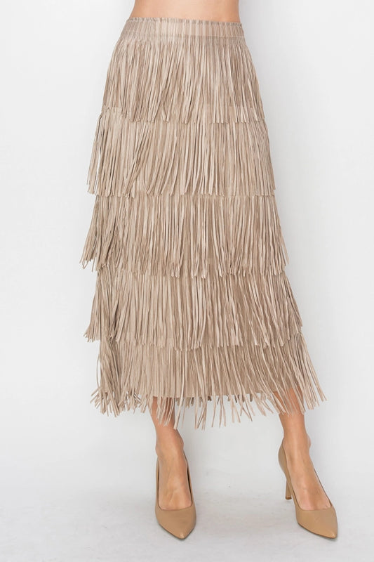 Layered Fringe Tiered Skirt Taupe