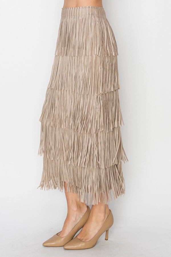 Layered Fringe Tiered Skirt Taupe