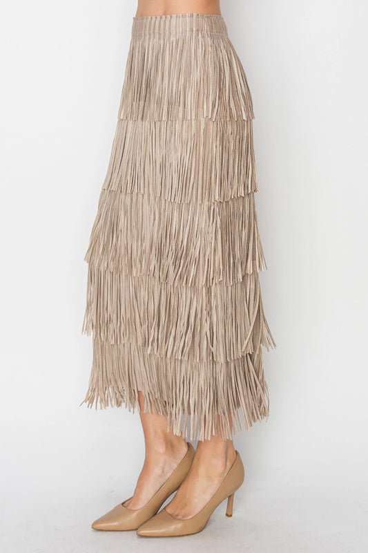 Layered Fringe Tiered Skirt Taupe