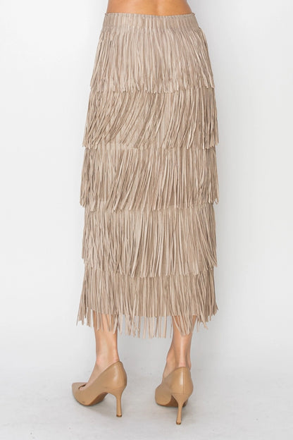 Layered Fringe Tiered Skirt Taupe