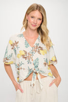 Lemon Print Tie Front Top