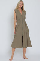 Light Olive Smocked Zip Front Midi Dress