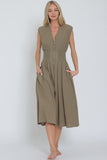 Light Olive Smocked Zip Front Midi Dress