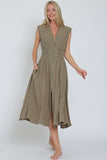 Light Olive Smocked Zip Front Midi Dress