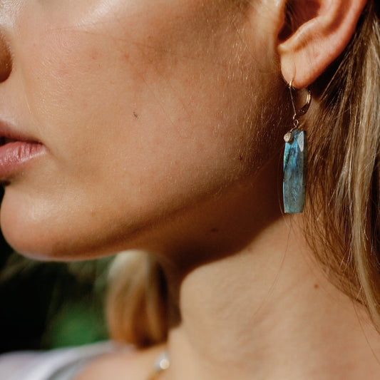 Long Labradorite Slice Drop Earrings