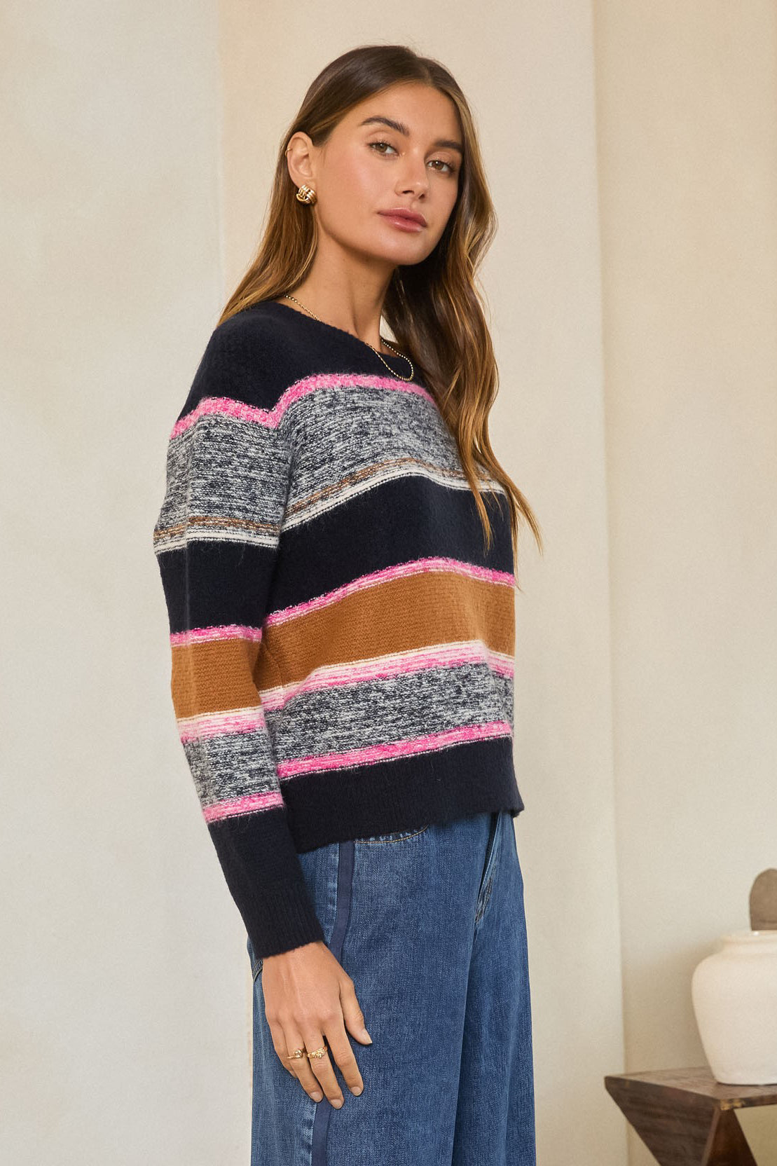 Marled Colorblock Sweater Navy Pink