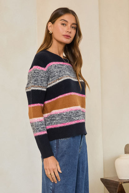 Marled Colorblock Sweater Navy Pink