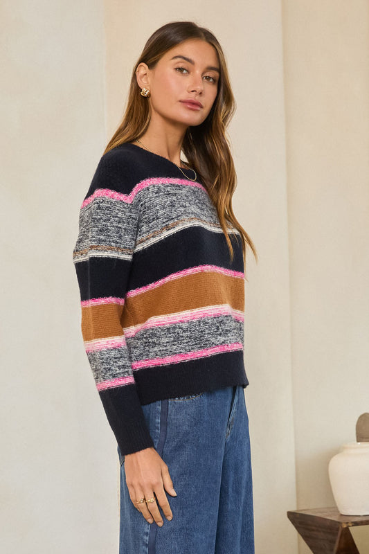 Marled Colorblock Sweater Navy Pink