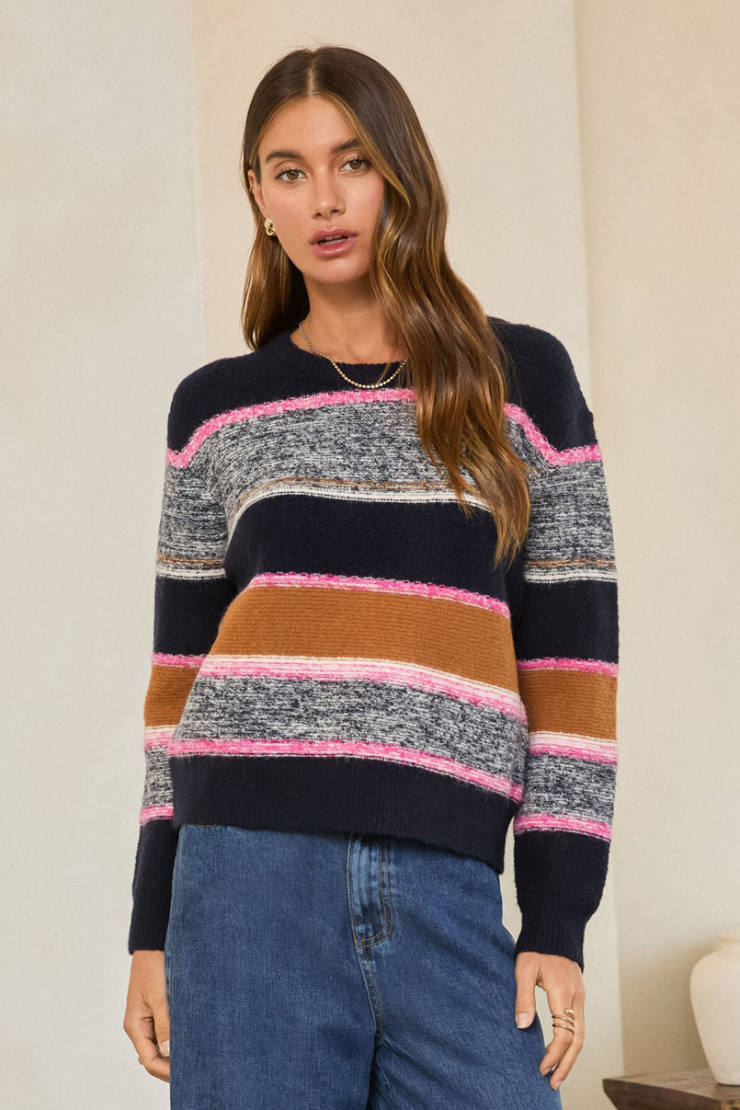 Marled Colorblock Sweater Navy Pink