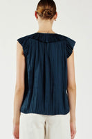 Navy Pleated Trim Blouse