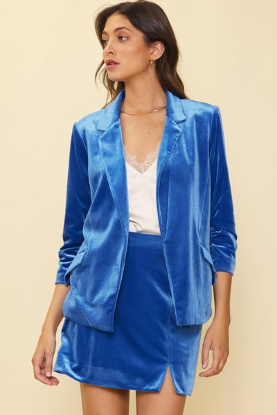 Ocean Blue Ruched Sleeve Velvet Blazer