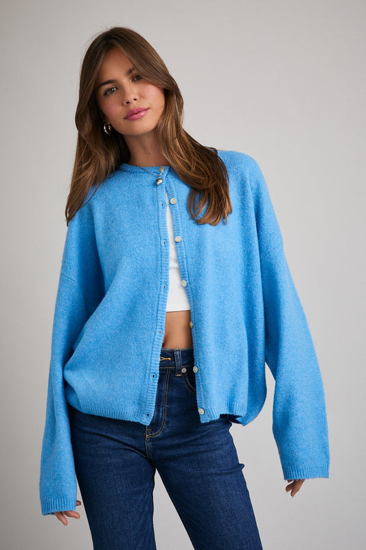 Oversized Crewneck Cardigan Blue